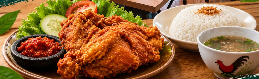 Visual ayam goreng beserta nasi dan pelengkap dari materi promosi Kalasan Arbes