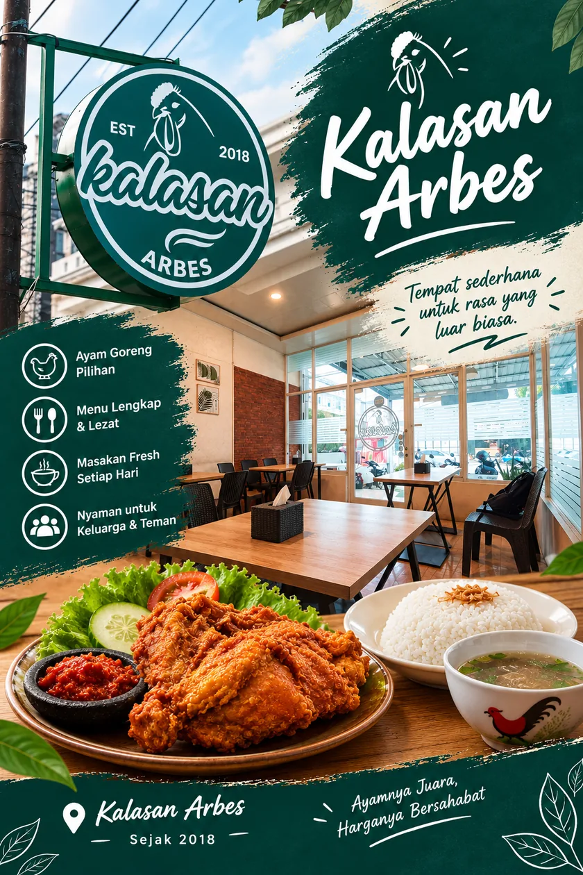 Materi promosi Kalasan Arbes yang menampilkan papan nama, ruang makan, ilustrasi hidangan, dan teks promosi