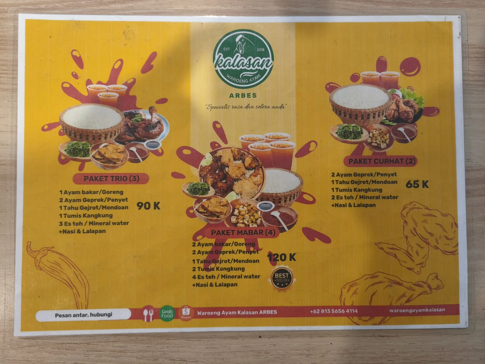 Foto halaman kedua menu fisik Kalasan ARBES berisi paket makan bersama